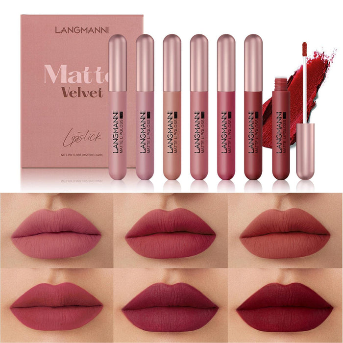 Zestaw upominkowy Velvet Matte Liquid Lipstick - 6 kolorów aksamitna matowa szminka w płynie,Matowy zestaw szminek, wodoodporny, długotrwały, nieprzywierający kubek nie blaknie, zestaw Sanzh