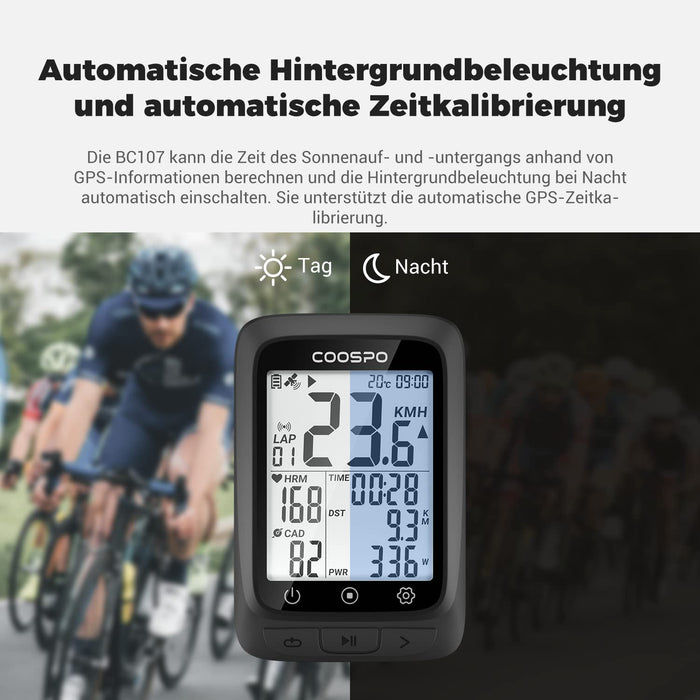 COOSPO BC107 bezprzewodowy komputer rowerowy GPS, licznik kilometrów, Bluetooth 5.0 ANT+ komputer rowerowy 2,3 cala LCD z podświetleniem, kompatybilny z Strava