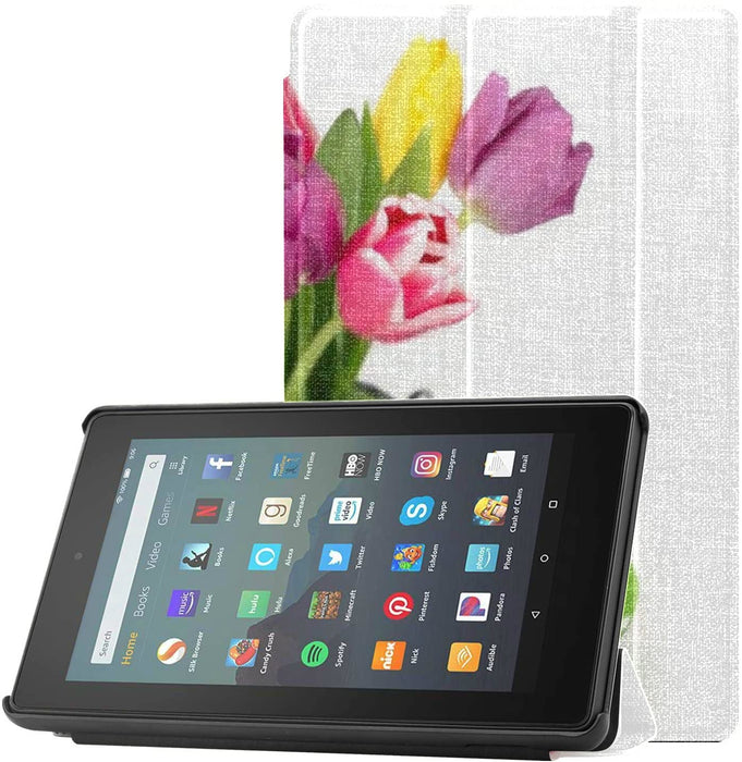 Kompatybilny z zupełnie nowym etui na tablet Amazon Kindle Fire 7 (9. generacja, wydanie 2019), wiosenne jasne tulipany Easter Eggs na ultra cienkim lekkim potrójnym pokrowcu na stojak z automatyczny