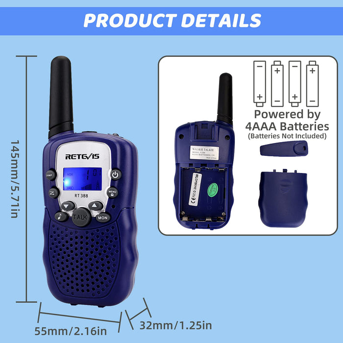 Retevis RT388 Walkie Talkie dla dzieci, zabawki dla 3-12-letnich chłopców i dziewcząt, latarka VOX 8 kanałów, prezent urodzinowy dla dzieci, Walkie Talkie do chowanego w chowanego, kemping, piesze wycieczki (granatowy, 1 para)