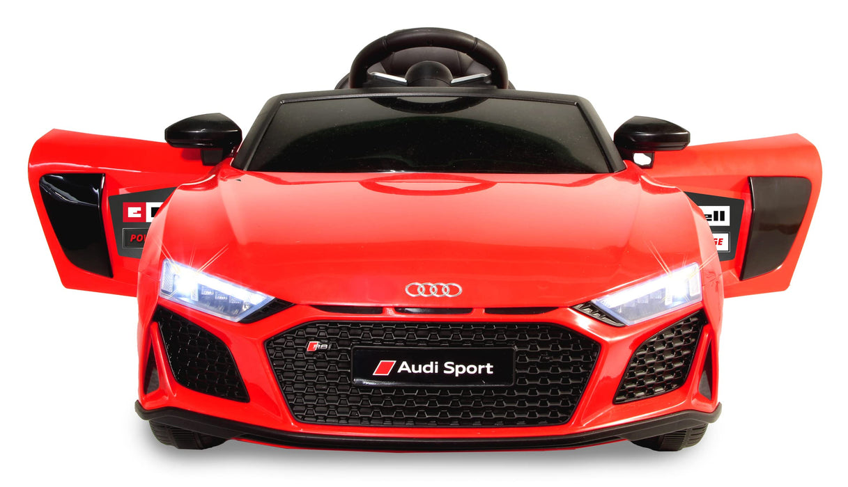 JAMARA 461806 Ride-on Audi R8 Spyder 18 V Einhell Power X-Change wraz z systemem startowym szybkiej wymiany akumulatorów, oficjalna licencja, Bluetooth, samochód elektryczny, czerwony