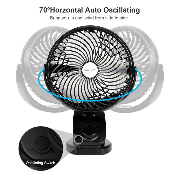 ELZO Wentylator biurkowy z klipsem na wentylator ładowany 5000 mAh, wentylator USB mini cichy wentylator chłodzący wentylator biurowy z 360 poziomymi obrotami do wózka dziecięcego, samochodu, siłowni, biura, na zewnątrz, w podróży, na kemping, czarny