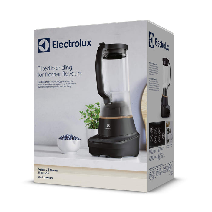 Electrolux Blender kielichowy z technologią pochylenia, 3 specjalne programy, 3 prędkości + funkcja Pulse, W zestawie akcesoria, 2 l dzbanek, 6 ostrzy ze stali nierdzewnej, Moc 900W, E7TB1-4GB, Czarny