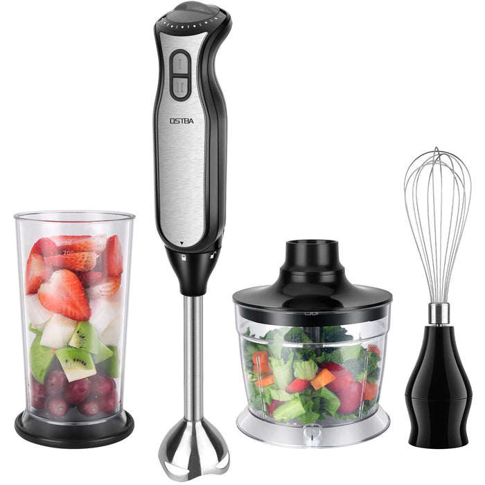 OSTBA Mikser Elektryczny 4-w-1 Blender Elektryczny z 700 ml Kubek Pomiarowy, 700 ml Siekacz, Trzepaczka ze Stali Nierdzewnej, 8 Prędkości Blender Ręczny z Funkcją Turbo do Żywności Dla Dzieci, Zupy, BPA Free, 400 W.