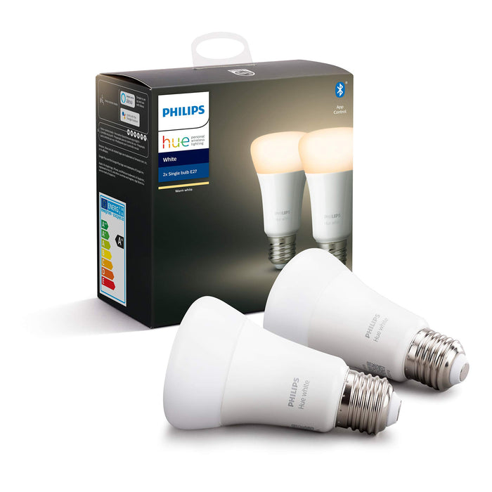 Philips Hue White Zestaw, 2x Inteligentna żarówka LED E27 9W A60, ciepłe białe światło, możliwość przyciemniania, sterowanie aplikacją