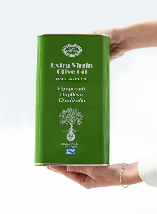 Oliwa z oliwek KORVEL - Premium Virgin Extra Virgin - Oliwa z oliwek 3 litr - Fresh Harvest - Oliwa z oliwek tłoczona na zimno 3l - Oliwki Koroneiki - Kalamata Region Greece – Kanister z dziobkiem