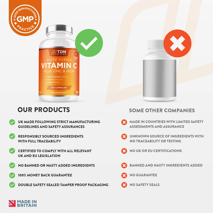Witamina C i cynk Plus żelazo - 1200 mg tabletek witaminy C o wysokiej wytrzymałości - 120 kapsułek - przyczynia się do utrzymania normalnego układu odpornościowego - Premium kwas askorbinowy - wegański - UK Made by TDN