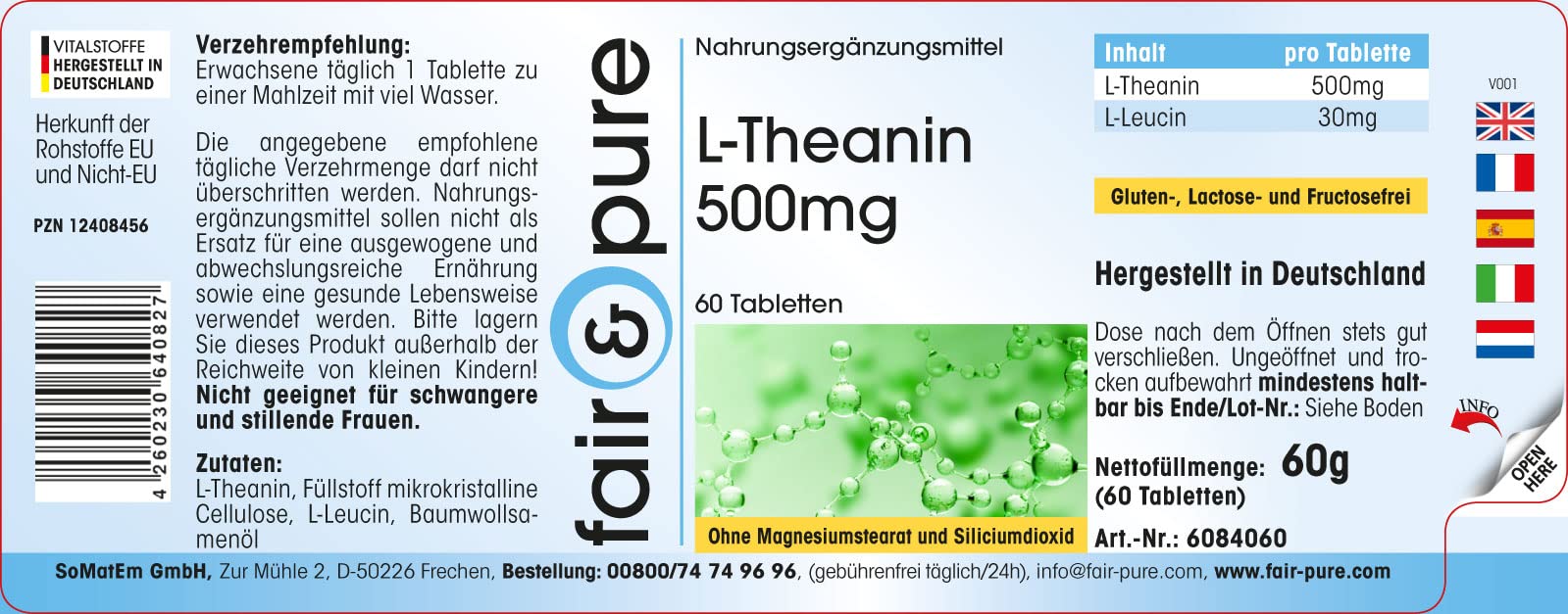 L-Theanine Tablets 500mg - wegańskie - bez stearynianu magnezu - 60 tabletek - aminokwas