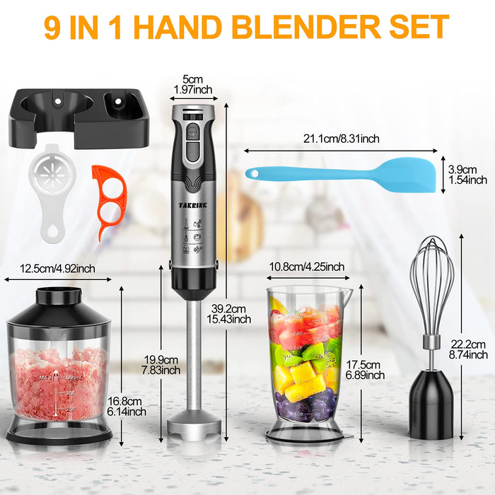 Blender ręczny 9 w 1 1500 W + TURBO mikser ręczny zestaw 304 blender ręczny stal szlachetna zwycięzca testu mikser wielofunkcyjny 4 ostrza ze stali szlachetnej łatwy w obsłudze, nie zawiera BPA