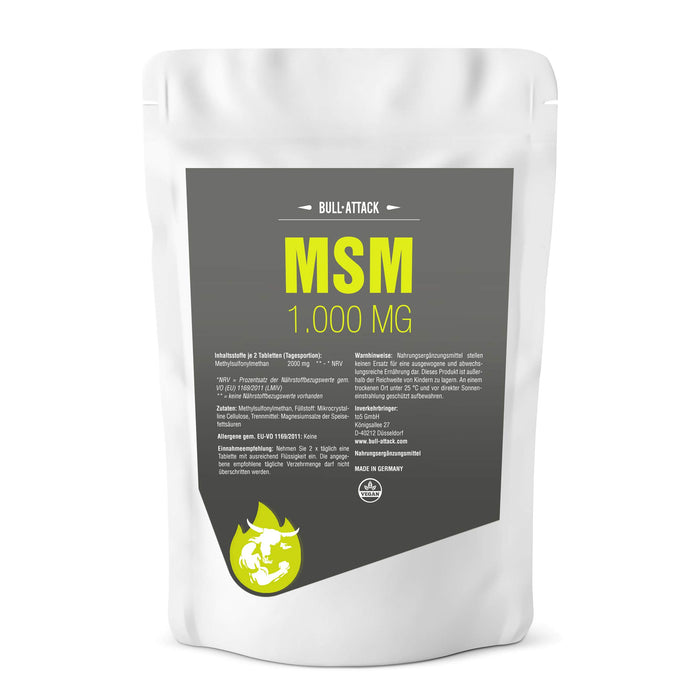 MSM tabletki firmy Bull Attack – 500 wegańskich tabletek MSM po 1000 mg – wysokie dawki do skóry, włosów, paznokci, stawów i problemów z stawami