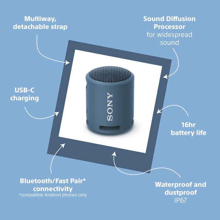 Sony SRS-XB13 - głośnik Bluetooth (kompaktowy, przenośny, wytrzymały, wodoodporny, EXTRA BASS, czas pracy baterii 16. godz.) - niebieski