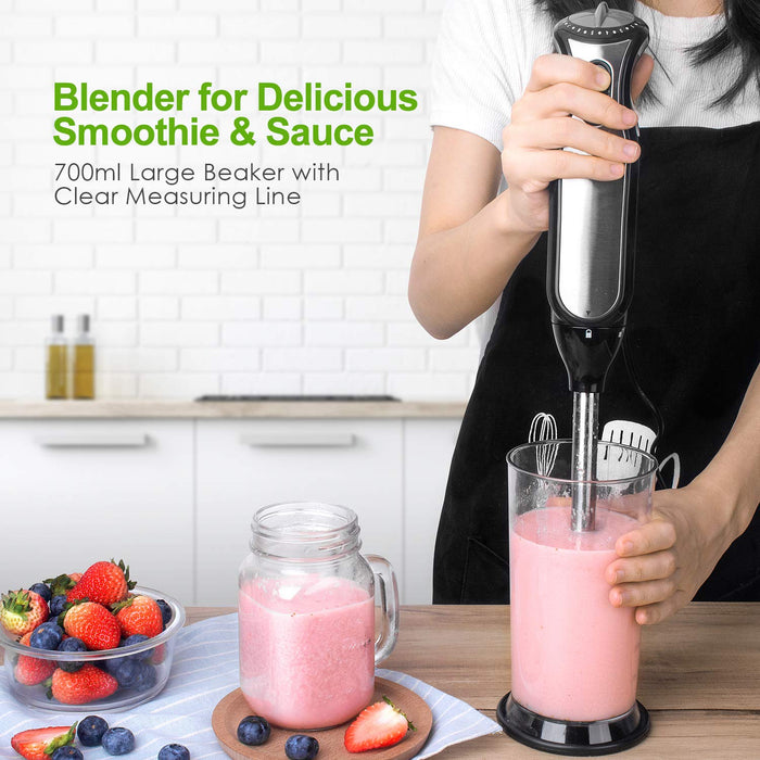 OSTBA Mikser Elektryczny 4-w-1 Blender Elektryczny z 700 ml Kubek Pomiarowy, 700 ml Siekacz, Trzepaczka ze Stali Nierdzewnej, 8 Prędkości Blender Ręczny z Funkcją Turbo do Żywności Dla Dzieci, Zupy, BPA Free, 400 W.