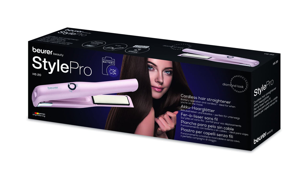 Beurer HS 20 akumulatorowa prostownica do włosów z ładowaniem przez USB, trzy poziomy temperatury i szybkie nagrzewanie, idealna w podróży, różowa