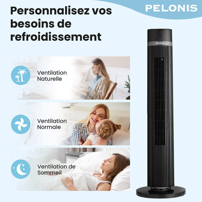 PELONIS Wentylator kolumnowy, wentylator stojący z pilotem zdalnego sterowania, 4 stopnie prędkości i 3 tryby wentylacji, cichy mobilny wentylator z timerem i oscylacją, wentylator kolumnowy 90°