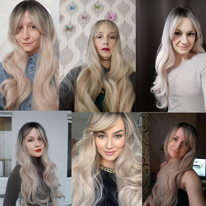 Brązowe peruki syntetyczne ombre dla kobiet, średnie, długie, proste, naturalne peruki z grzywką, Cosplay, odporne na wysokie temperatury, LC323-2