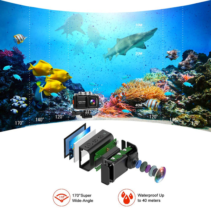 Apexcam Kamera sportowa 4K 20MP, kamera sportowa EIS WiFi, wodoszczelna kamera podwodna, 40 m, zewnętrzny mikrofon 2,0" LCD 170°, kąt widzenia 2,4 G, pilot zdalnego sterowania, 2 baterie 1200 mAh i inne