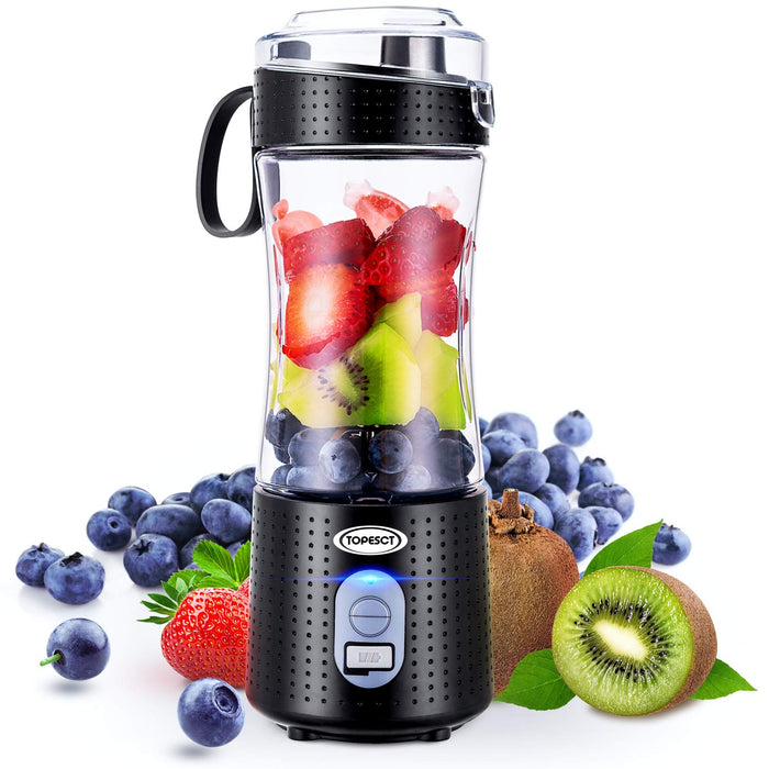 TOPESCT przenośny blender, osobisty mikser owoców ładowalny z USB, mini blender do smoothie, sok owocowy, koktajle mleczne 380 ml, sześć łopatek 3D do doskonałego mieszania (czarne)