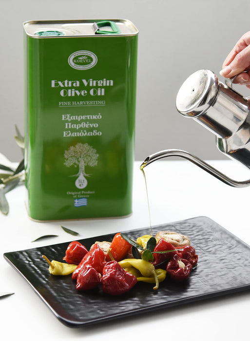Oliwa z oliwek KORVEL - Premium Virgin Extra Virgin - Oliwa z oliwek 3 litr - Fresh Harvest - Oliwa z oliwek tłoczona na zimno 3l - Oliwki Koroneiki - Kalamata Region Greece – Kanister z dziobkiem