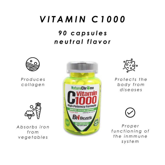 Witamina C 1000mg. Witaminy i suplementy. Suplement witaminowy przydatny w poprawie układu odpornościowego. Zmniejsza zmęczenie i znużenie. Każda butelka zawiera 90 kapsułek witaminy C. Vitamina C.
