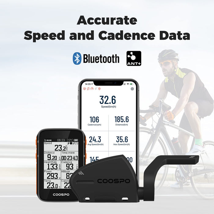 COOSPO Rowerowy czujnik prędkości i czujnik częstotliwości pedałowania Bluetooth & ANT+ 2 w 1, komputer rowerowy Cadence Speed Sensor IP67, wodoszczelny bezprzewodowy czujnik prędkości obrotowej roweru