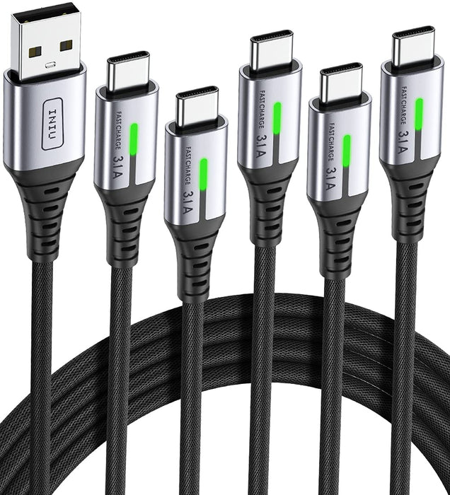 INIU Kabel do ładowania USB C, [5-pak/1+2+2+3M] kabel USB C 3,1 A szybkie ładowanie, stop cynku, nylon pleciony kabel typu C, kabel USB do USB C do Samsung S20 S10 Huawei Xiaomi OnePlus Google LG itp.