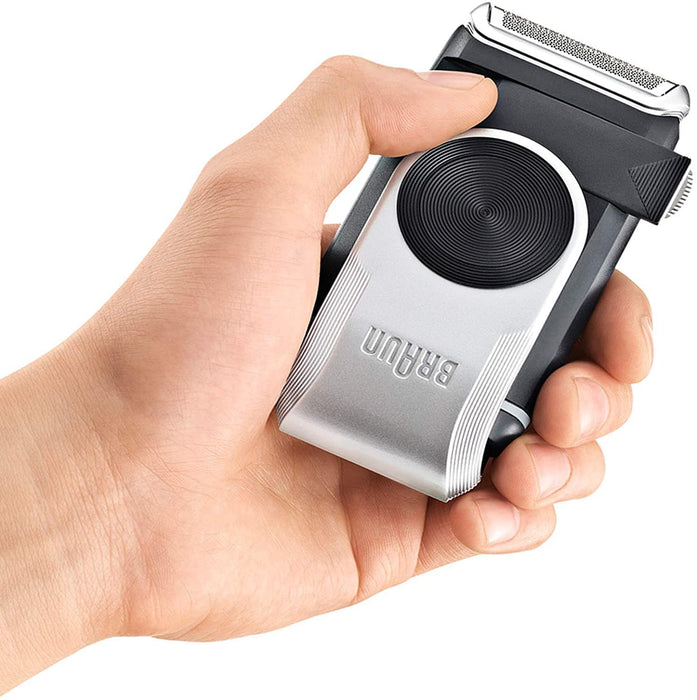 Braun PocketGo mobilna golarka podróżna do golarki, w podróży, w pełni zmywalna, M90, czarna/srebrna