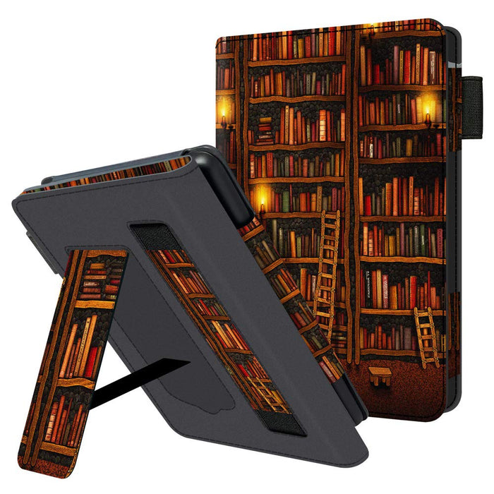 Huasiru Handheld Case for All Kindle Paperwhite Generations - PU Leather Protective Cover with Hand Strap, Library