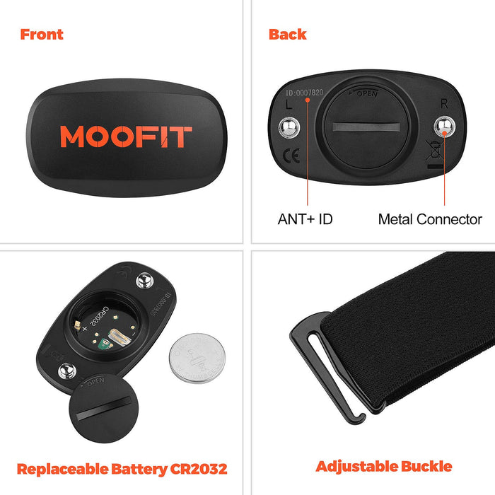 moofit ANT+ pulsometr z paskiem piersiowym Bluetooth czujnik HR IP67 wodoodporny kompatybilny z Zwift, Wahoo Fitness, Rouvy, Peloton, Strava dla iOS, Android (aplikacja MooFit nienavail)