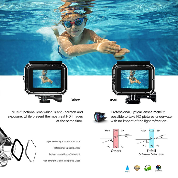FitStill Wodoodporna obudowa do GoPro Hero 8 Black, ochronna obudowa do nurkowania 60 m obudowa z uchwytem akcesoria do kamery Go Pro Hero8 Action