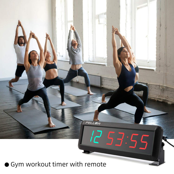 PELLOR Fitness Timer, Gym Timer, 6-cyfrowy zegar interwałowy LED, format czasu 12/24 godzin, stoper, zegar gimnastyczny z pilotem zdalnego sterowania (regulacja głośności)