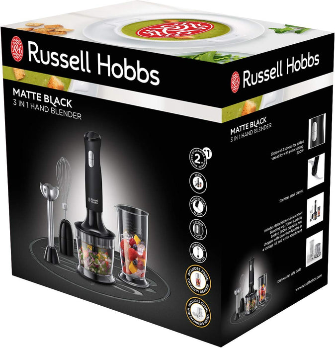 Russell Hobbs blender ręczny, 3w1, nasadka miksująca, pojemnik z ostrzem miksującym, pojemność pojemników 0,5l i 0,7l, ubijanie, mieszanie, moc 500W, czarny, Matte Black 24702-56