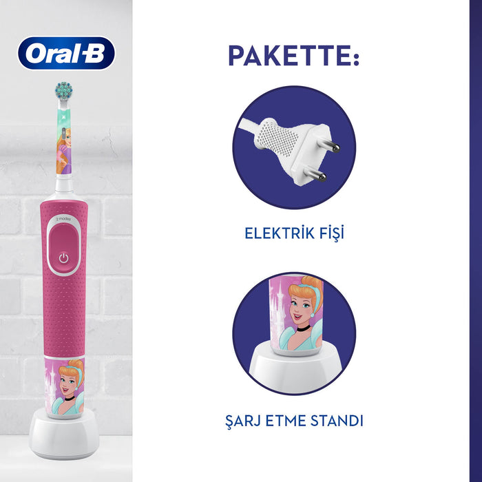 Oral-B Kids Prinzessin elektryczna szczoteczka do zębów dla dzieci od 3 lat, mała główka szczoteczki i miękkie włosie, 2 programy czyszczenia w tym Sensitiv, timer, 4 naklejki Disney, różowa