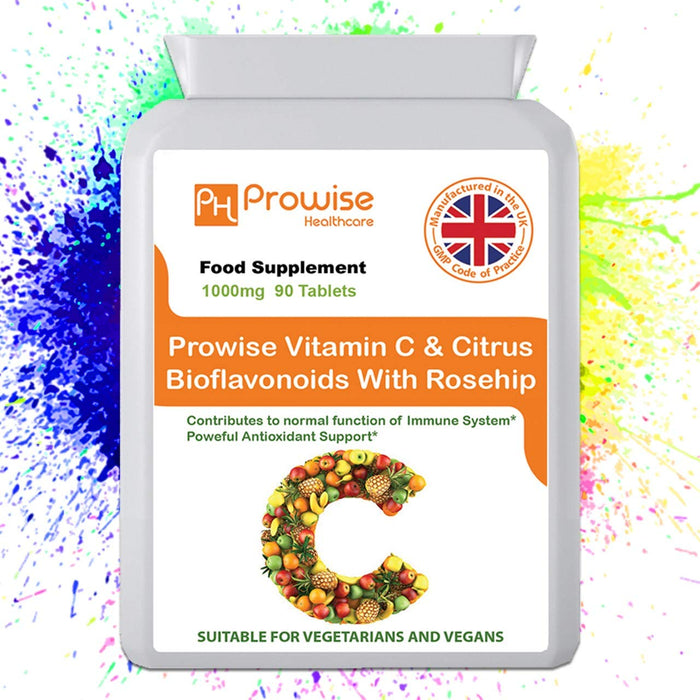 Witamina C 1000 mg z dzikiej róży i bioflawonoidami 90 wegańskich i wegetariańskich tabletek | przyczynia się do normalnego funkcjonowania układu odpornościowego - UK Manufactured | standardy GMP firmy Prowise Healthcare