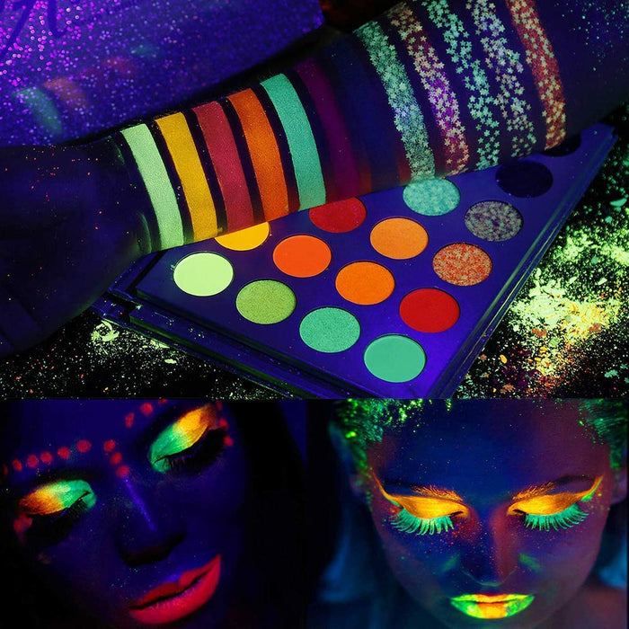 Kalolary Neonowa paleta kolorowych cieni do powiek, UV Glow Blacklight Matte i Sparkling Eyeshadow Glows In The Dark, 24 kolory wysoko pigmentowane zestaw do makijażu z 4 różowymi pędzlami