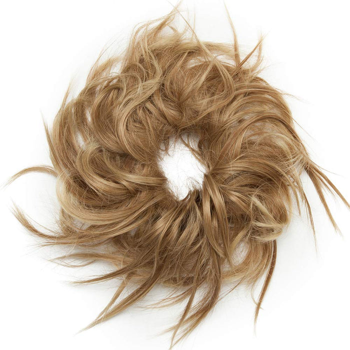 Updos Tousled Hair Extensions niechlujne kręcone gumki do włosów kok, przedłużanie włosów, elastyczna treska, natychmiastowy kucyk, peruka, falowana, jasnobrązowa i popielaty blond