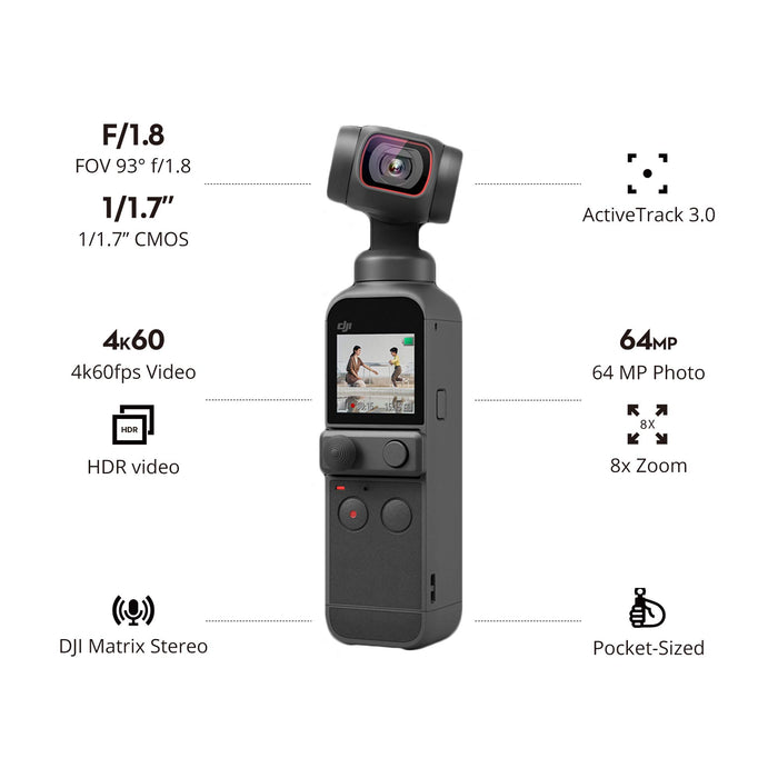 DJI Pocket 2 Creator Combo, Ręczny Gimbal z 3-Osiowym Stabilizatorem (Kamera 4K, Wideo Ultra HD, Zdjęcia o Rozdzielczości 64 MP, Matryca 1/1,7 Cala, HDR, Redukcja Szumów, Timelapse, Slow Motion)