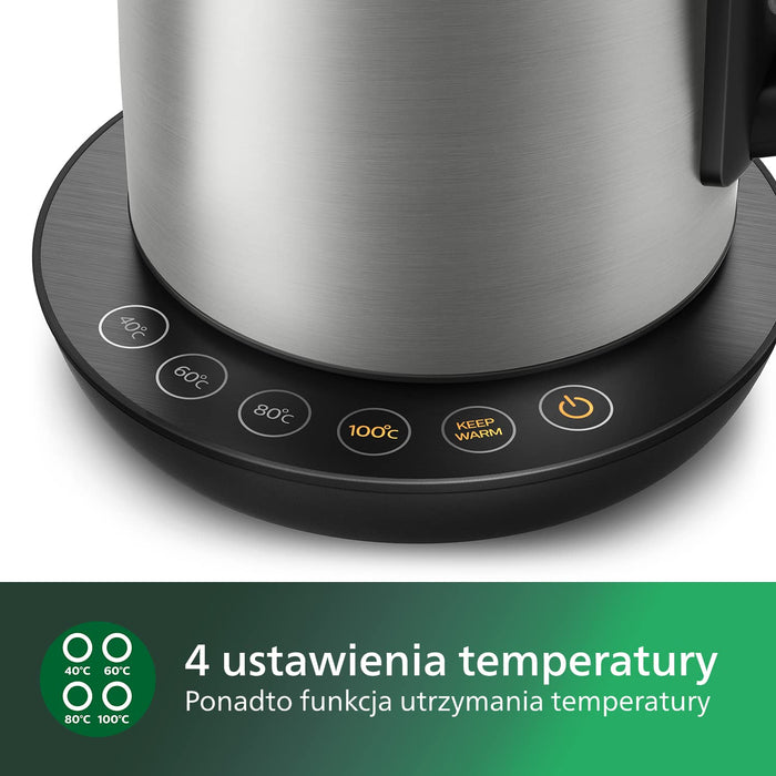 Philips Czajnik elektryczny - 1,7 l, Regulacja temperatury, Funkcja utrzymywania ciepła, Pokrywka z mechanizmem sprężynowym, Wskaźnik świetlny, Stal szlachetna, Obrotowa podstawa (HD9359/90)
