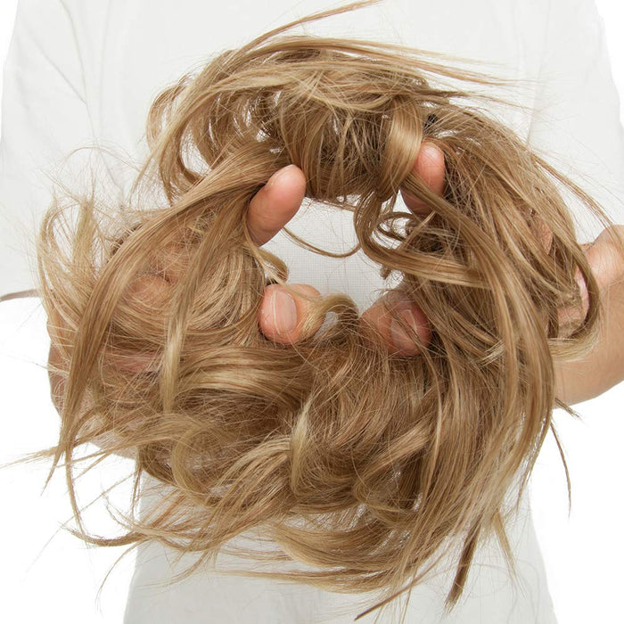 Updos Tousled Hair Extensions niechlujne kręcone gumki do włosów kok, przedłużanie włosów, elastyczna treska, natychmiastowy kucyk, peruka, falowana, jasnobrązowa i popielaty blond