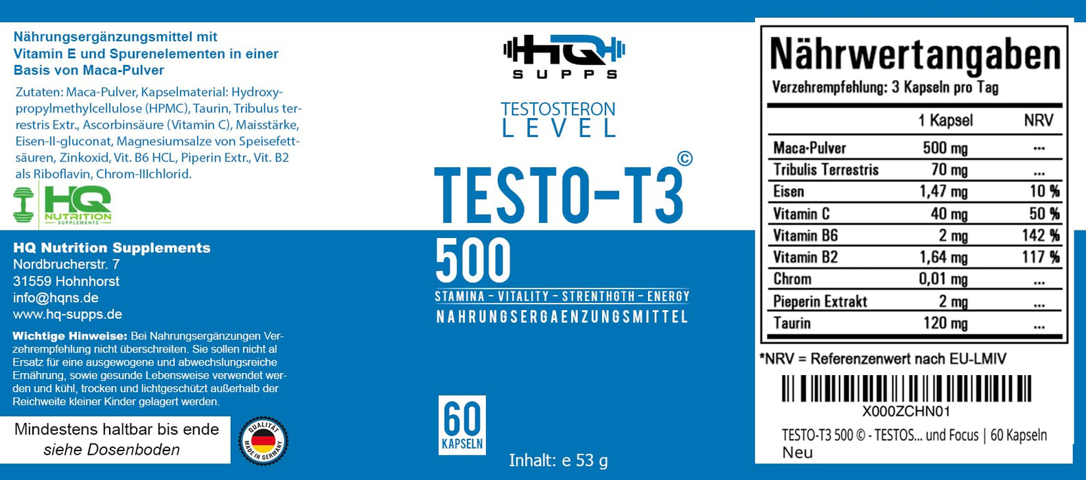 TESTO-T3 500 - HARDCORE BOOSTER - ekstremalne dawkowanie - Kuracja Testo-T3 - zwycięzca w porównaniu z 2021 - popularny w kulturystyce, na siłowni i budowie mięśni - motywacja i koncentracja - 60 kapsułek