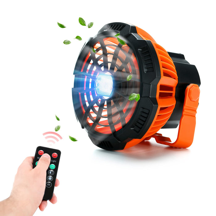 HERLLY Wentylator kempingowy z latarnią LED, przenośny wentylator biurkowy z haczykiem do zawieszenia, 5200 mAh, ładowany powerbank do użytku na zewnątrz, 3 prędkości, pilot zdalnego sterowania, wentylator biurkowy do biura, samochodu, awaryjny