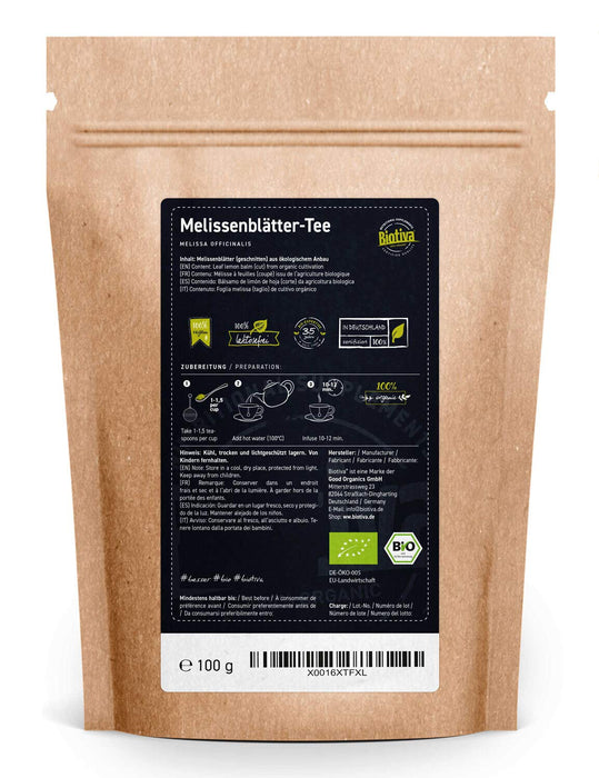 Biotiva Herbata Melisse 100 g Bio – Melissa officinalis – suszone liście melisy, herbata ziołowa, wegańska, bez dodatków, napełniana i certyfikowana w Niemczech (DE-Öko-005)