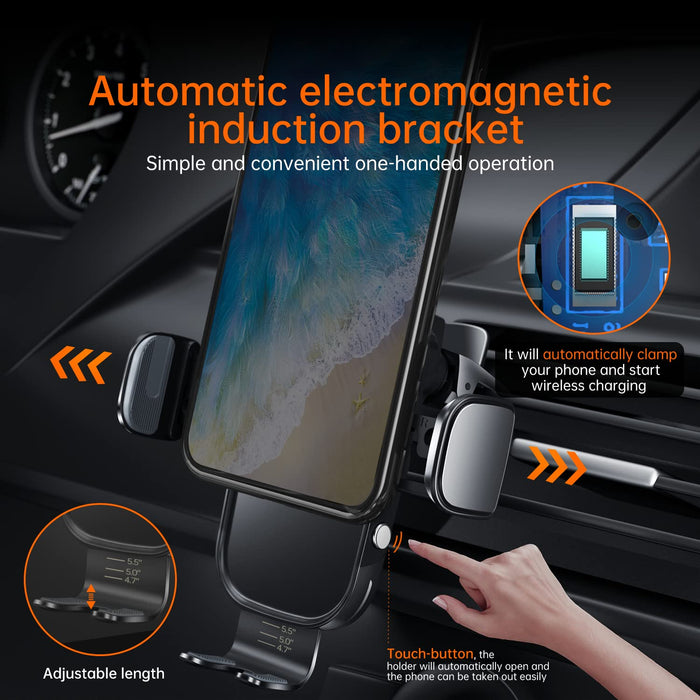 Auckly 15 W Fast Wireless Charger samochodowy uchwyt na telefon komórkowy z funkcją ładowania, automatyczny silnik indukcyjny zasilanie Qi, stacja ładująca do samochodu, uchwyt na telefon komórkowy, wentylacja do iPhone'a, Samsunga, Huawei, LG itp