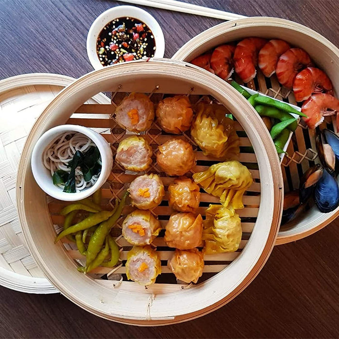 N / B Ręcznie wykonany bambusowy parowar 25 cm, 2-warstwowy kosz, zdrowe warzywa gotowane, bułki, dim sum, ryż, mięso, ryby i warzywa, łatwy do czyszczenia