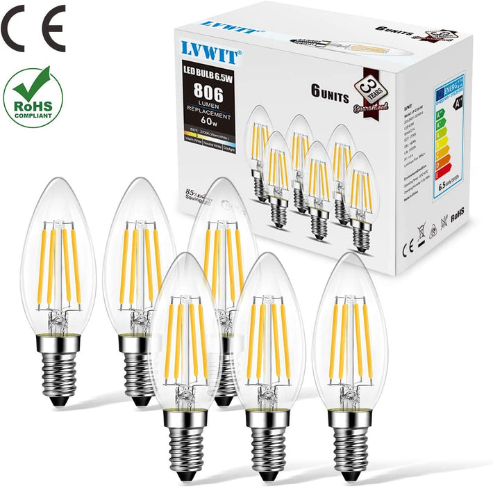 LVWIT Żarówka LED E14, E14, żarówka Retrofit Classic, 6 W, 806 lumenów, zastępuje 60 W, 2700 K, ciepła biel, filament lampy, szkło, nieściemnialne, 3 lata gwarancji (opakowanie 6 szt.)