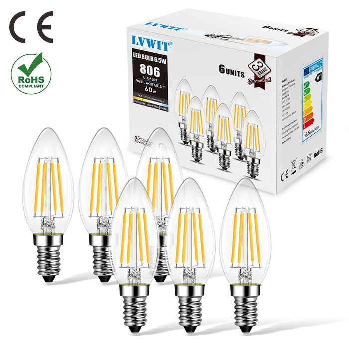 LVWIT Żarówka LED E14, E14, żarówka Retrofit Classic, 6 W, 806 lumenów, zastępuje 60 W, 2700 K, ciepła biel, filament lampy, szkło, nieściemnialne, 3 lata gwarancji (opakowanie 6 szt.)