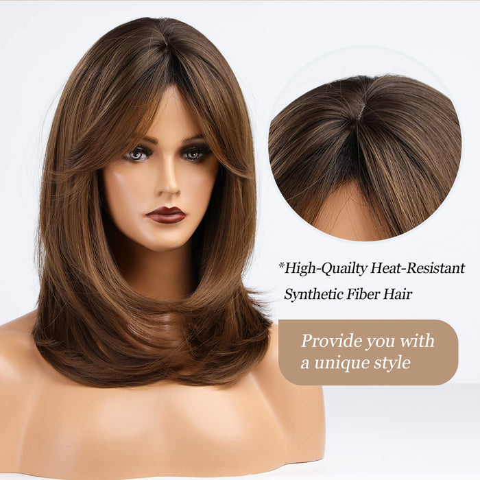 HAIRCUBE Peruka damska, kręcone, ciemne korzeń, ombre, brązowa, syntetyczna peruka dla kobiet, ze środkowymi częściami, naturalne falowane włosy, modne peruki do cosplay, codzienne, damska