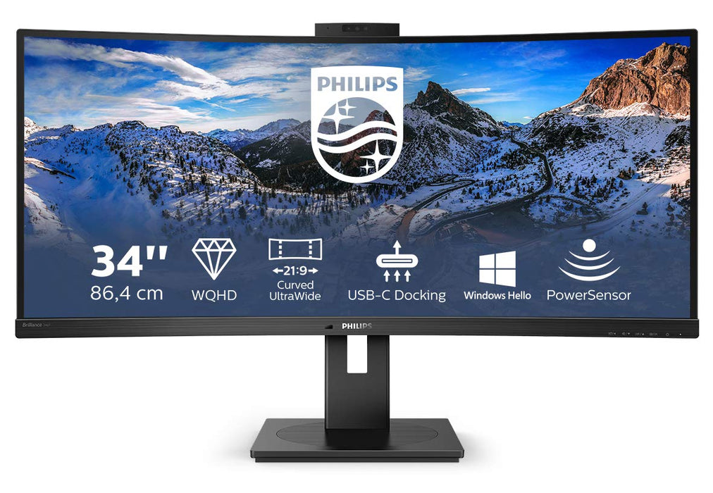 Philips 346P1CRH 34 cale WQHD Curved USB-C Docking, kamera internetowa, z regulacją wysokości, HDR400 (3440 x 1440, 100 Hz, HDMI, DisplayPort, USB-C, RJ45, koncentrator USB) czarny