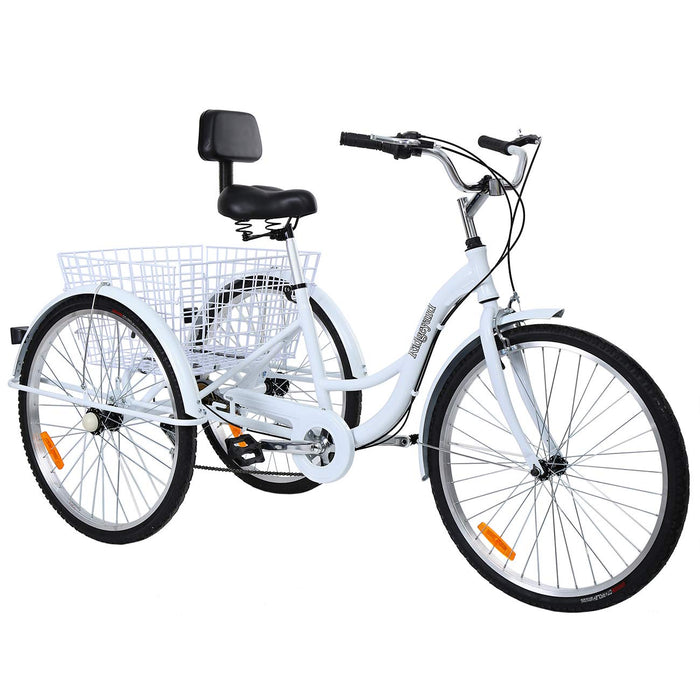 MuGuang Rower trójkołowy dla dorosłych 26 cali, 7 prędkości, 3 koła, rower trójkołowy z ramą kosza ze stopu aluminium