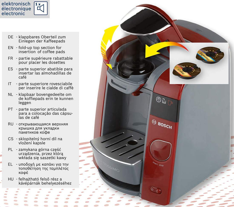Theo Klein 9543 Ekspres do kawy Bosch Tassimo | Z możliwością napełnienia wodą i przepływem wody z efektami dźwiękowymi | Zestaw do espresso | Dla dzieci od 3 lat