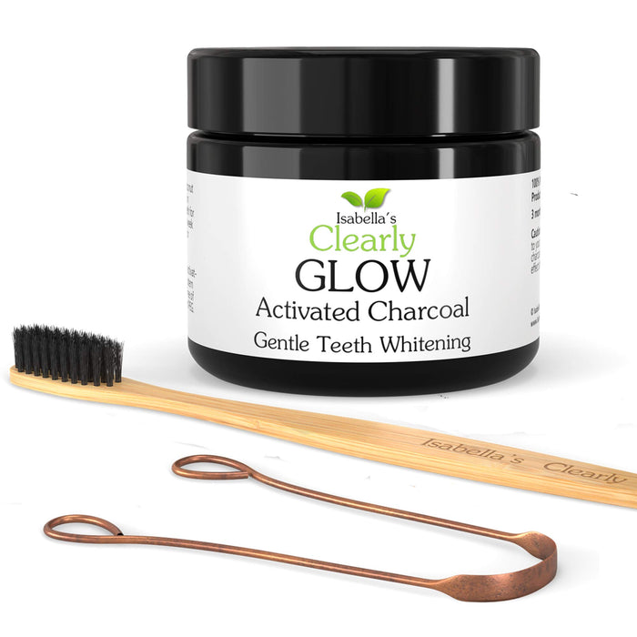 Clearly GLOW Teeth Whitening Kit (4 Piece) | Pure Food Grade Activated Charcoal Powder + Bamboo Ultra Soft Toothbrush + Copper Tongue Cleaner + Eco Friendly Gift Bag | Natural Tooth Products for Adults and Kids